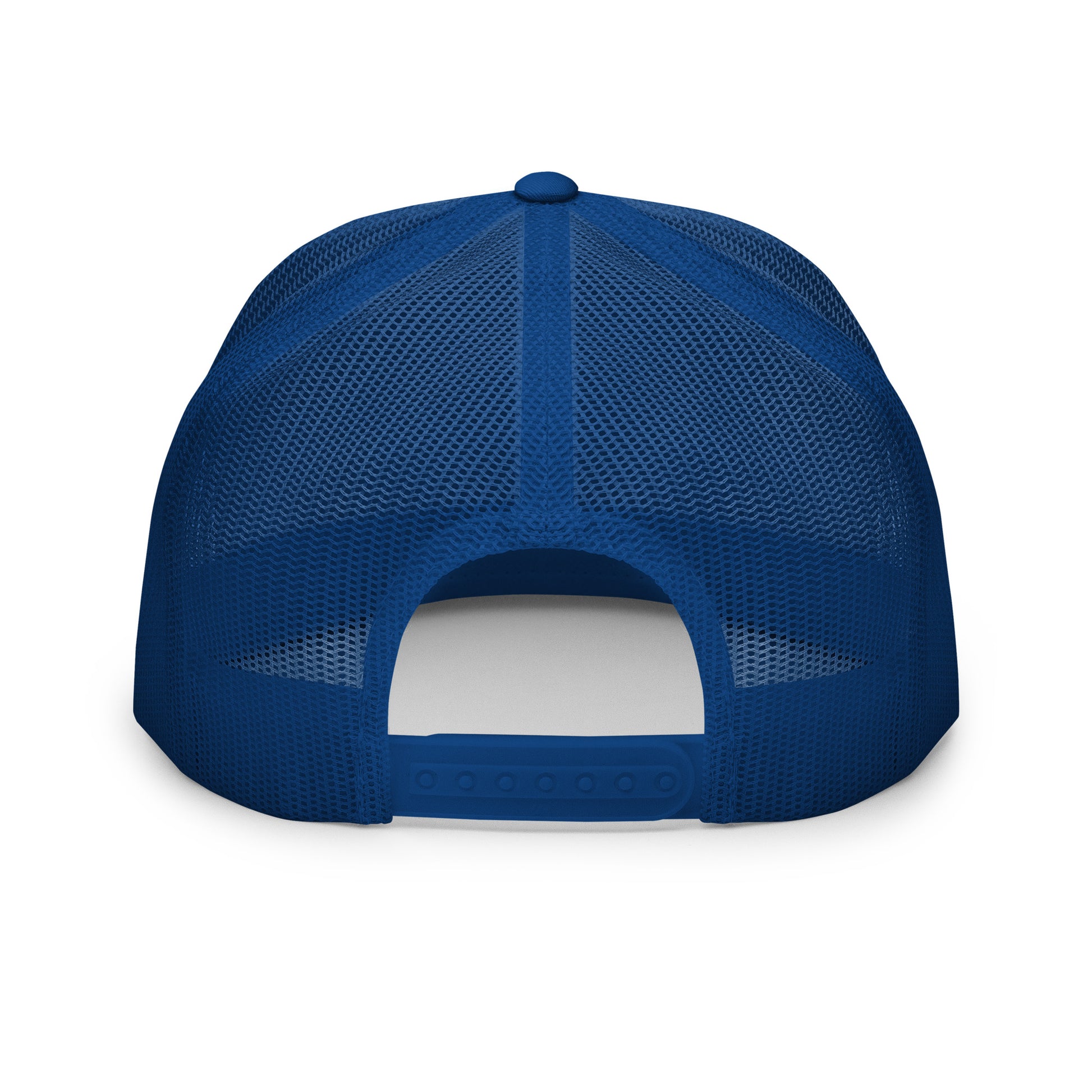 blue and white Still Sacred 5-panel trucker cap – back view streetwear accessory