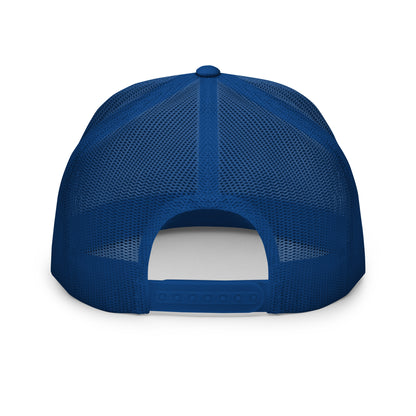 blue and white Still Sacred 5-panel trucker cap – back view streetwear accessory