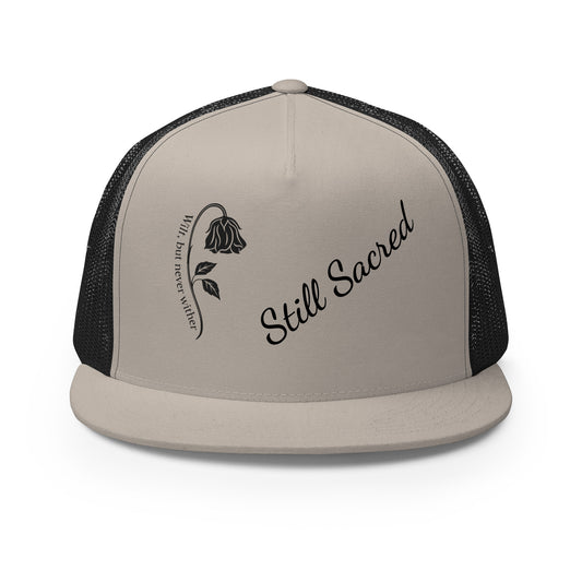 Silver and black Still Sacred 5-panel trucker cap – front view streetwear accessory