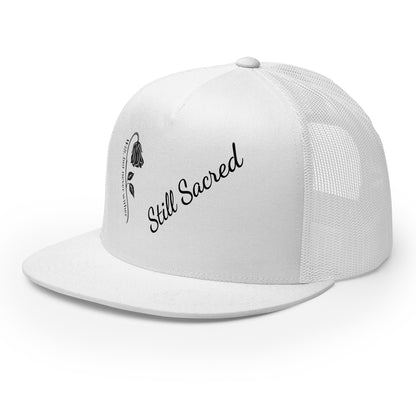white Still Sacred 5-panel trucker cap – front left view streetwear accessory