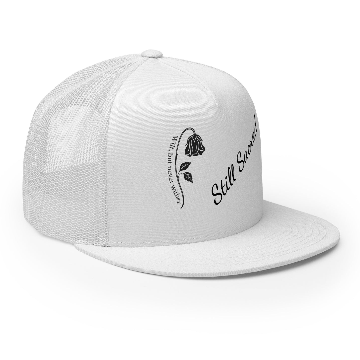 white Still Sacred 5-panel trucker cap – front right view streetwear accessory