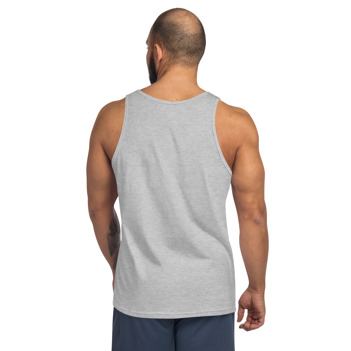 Gray Still Sacred men's tank top – Skelly skeleton lifting weights, back view streetwear design