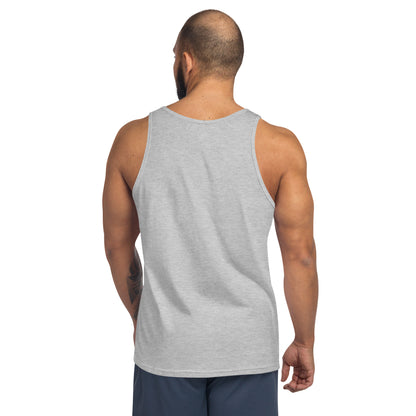 Gray Still Sacred men's tank top – Skelly skeleton lifting weights, back view streetwear design