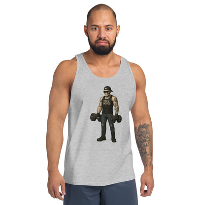 Gray Still Sacred men's tank top – Skelly skeleton lifting weights, front view streetwear design