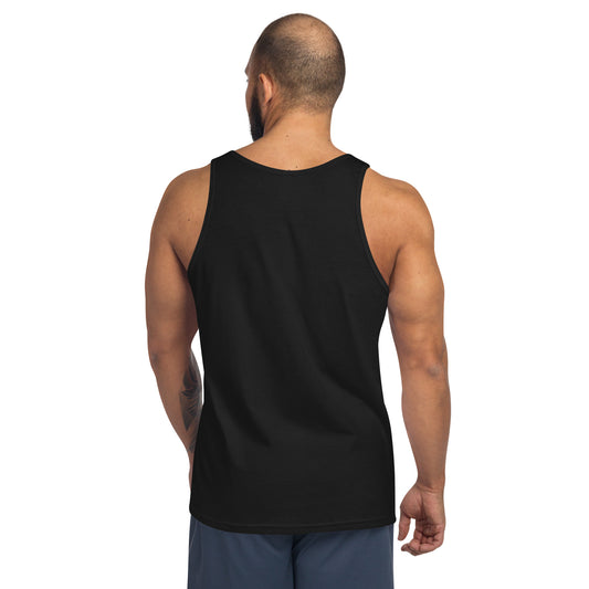 Black Still Sacred men's tank top – Skelly skeleton lifting weights, back view streetwear design
