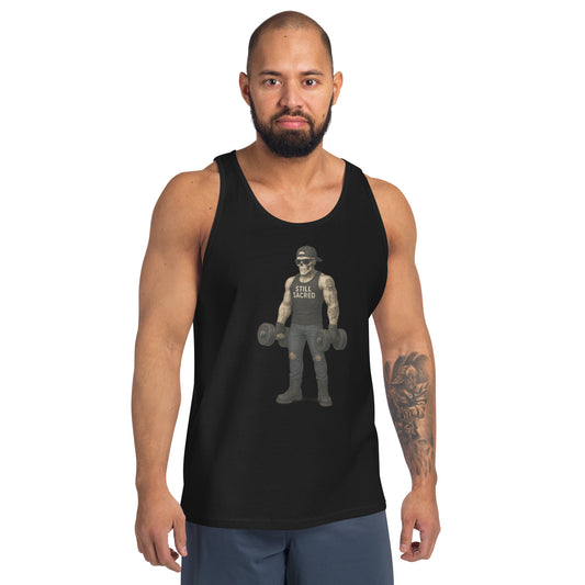 Black Still Sacred men's tank top – Skelly skeleton lifting weights, front view streetwear design