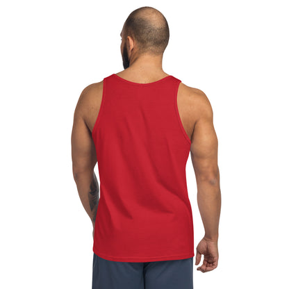 Red Still Sacred men's tank top – Skelly skeleton lifting weights, back view streetwear design