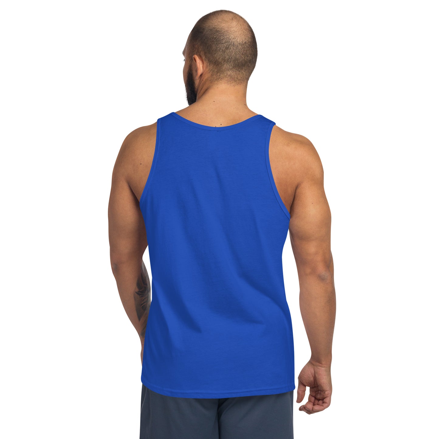 Blue Still Sacred men's tank top – Skelly skeleton lifting weights, back view streetwear design