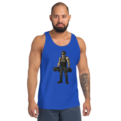 Blue Still Sacred men's tank top – Skelly skeleton lifting weights, front view streetwear design