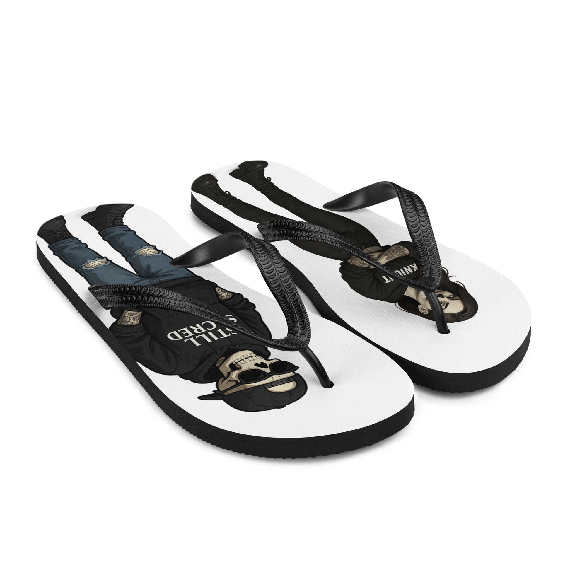 White Still Sacred flip-flops – Skelly and Shade skeleton design on top, sublimated streetwear footwear