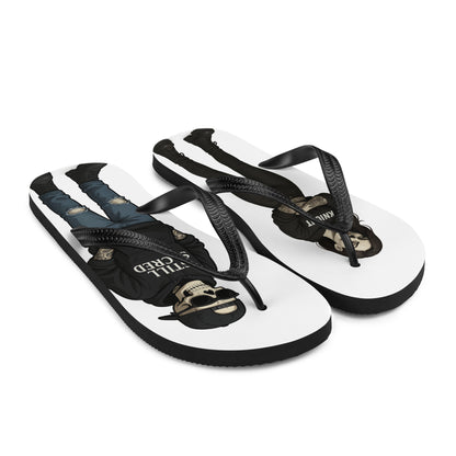 White Still Sacred flip-flops – Skelly and Shade skeleton design on top, sublimated streetwear footwear