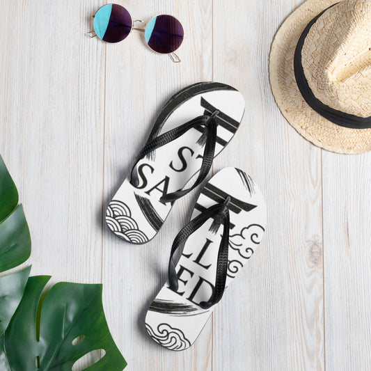 White and black Still Sacred Flip Flops Round Design, Full coverage top view