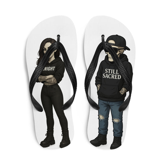 White Still Sacred flip-flops – Skelly and Shade skeleton design on top, sublimated streetwear footwear