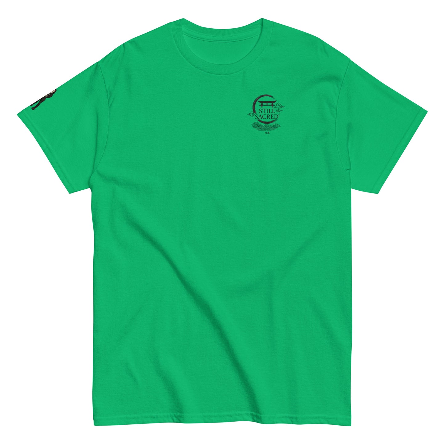 Irish Green Still Sacred unisex classic tee – SS logo on chest, Shade design on right arm, streetwear t-shirt front view