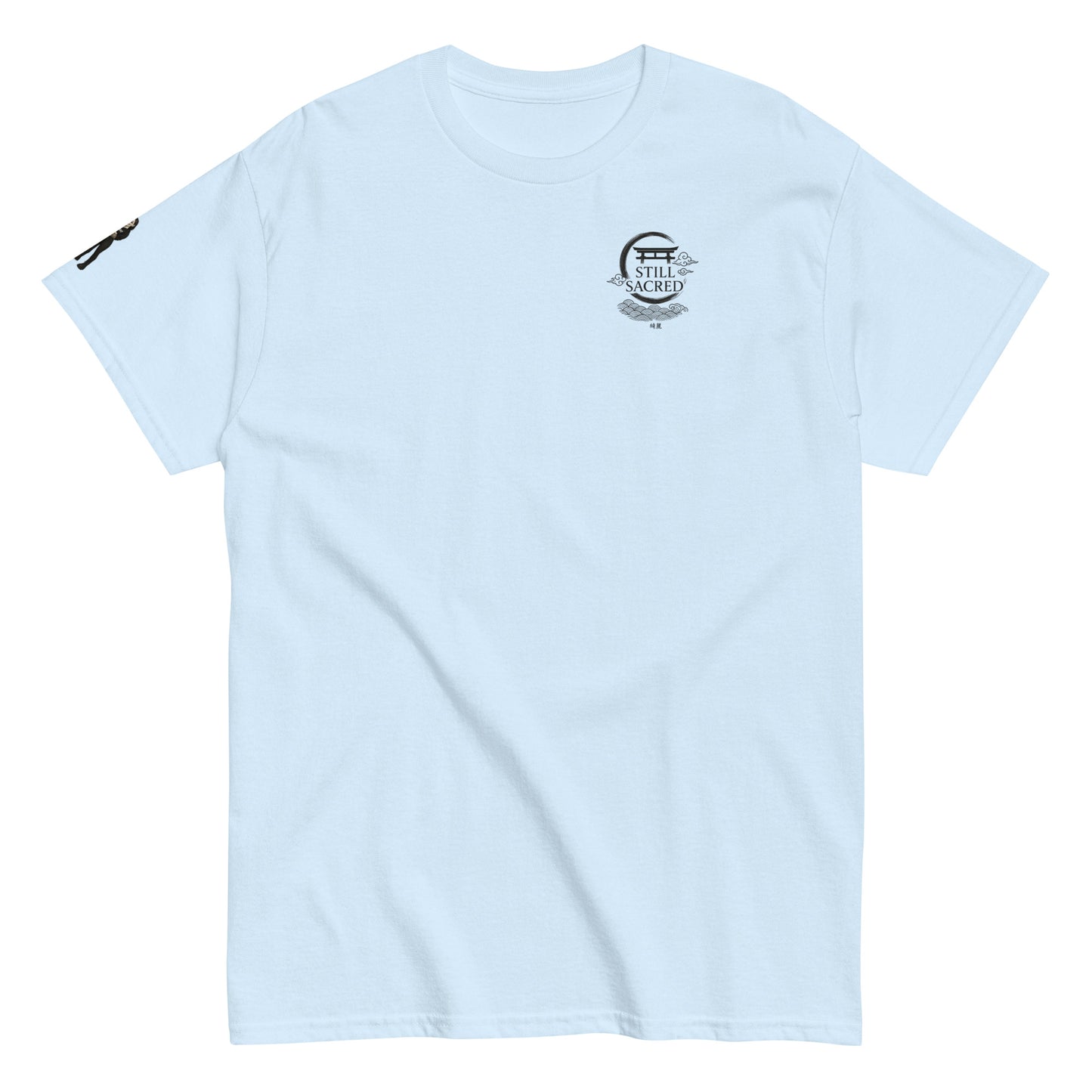 Light blue Still Sacred unisex classic tee – SS logo on chest, Shade design on right arm, streetwear t-shirt front view
