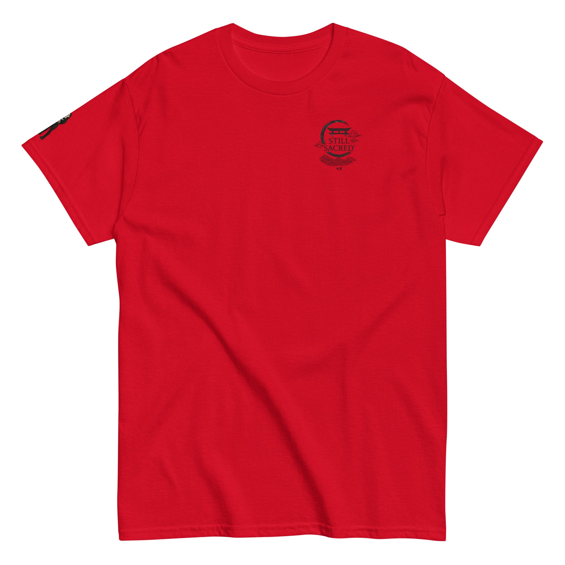 Red Still Sacred unisex classic tee – SS logo on chest, Shade design on right arm, streetwear t-shirt front view