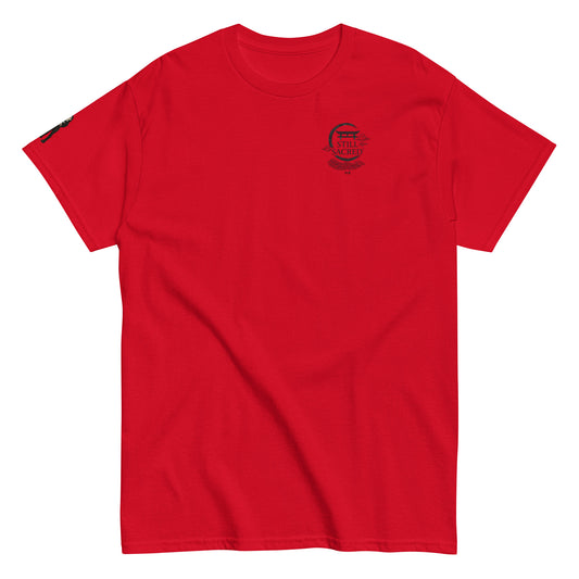 Red Still Sacred unisex classic tee – SS logo on chest, Shade design on right arm, streetwear t-shirt front view