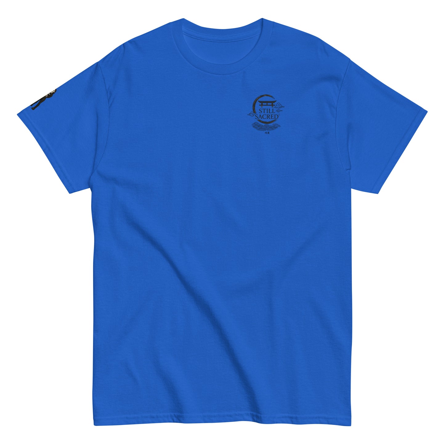 blue Still Sacred unisex classic tee – SS logo on chest, Shade design on right arm, streetwear t-shirt front view