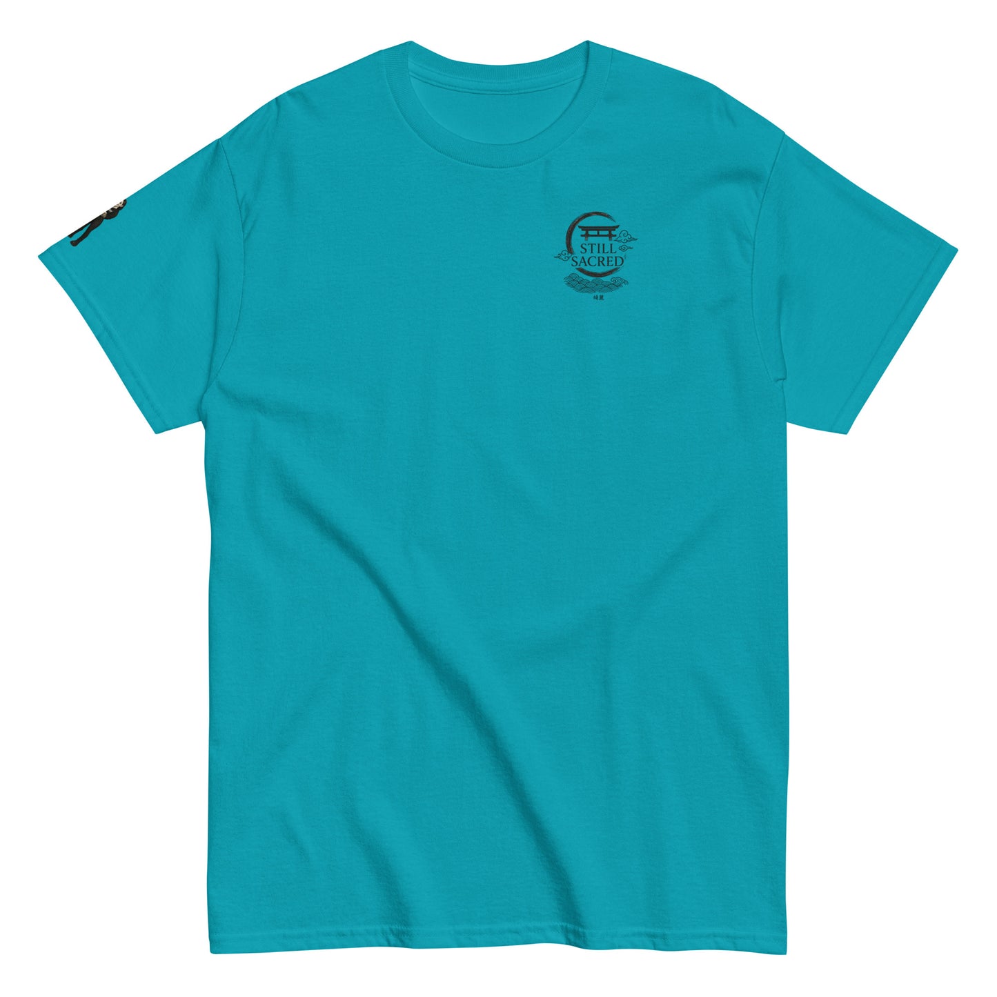 Tropical Blue Still Sacred unisex classic tee – SS logo on chest, Shade design on right arm, streetwear t-shirt front view