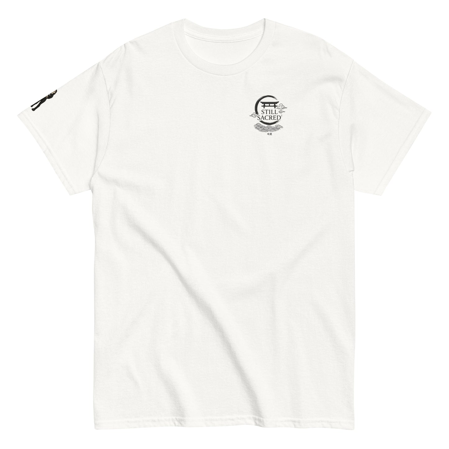 White Still Sacred unisex classic tee – SS logo on chest, Shade design on right arm, streetwear t-shirt front view