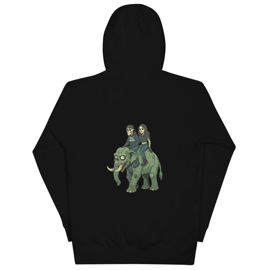 Black still sacred shade and skelly riding elephant zombie, back view