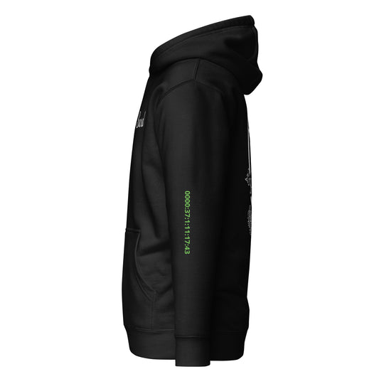 Time Format code graphic on sleeve of black hoodie – symbolic resurrection design