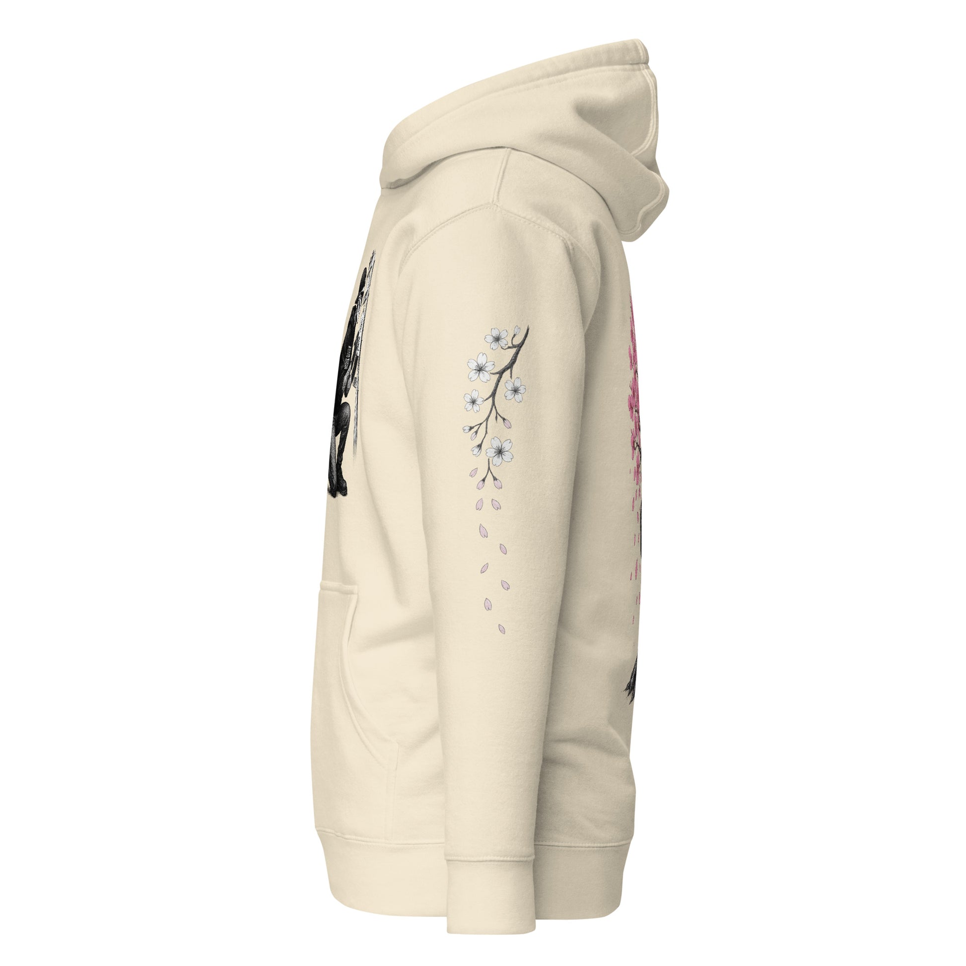 Bone-colored hoodie with Skelly kneeling at an Ema board on the front, a sakura tree shedding petals on the back, left sleeve with falling blossoms, and right sleeve featuring the kanji 「忘れない」 with cherry blossoms and “WASURENAI” vertically beneath.