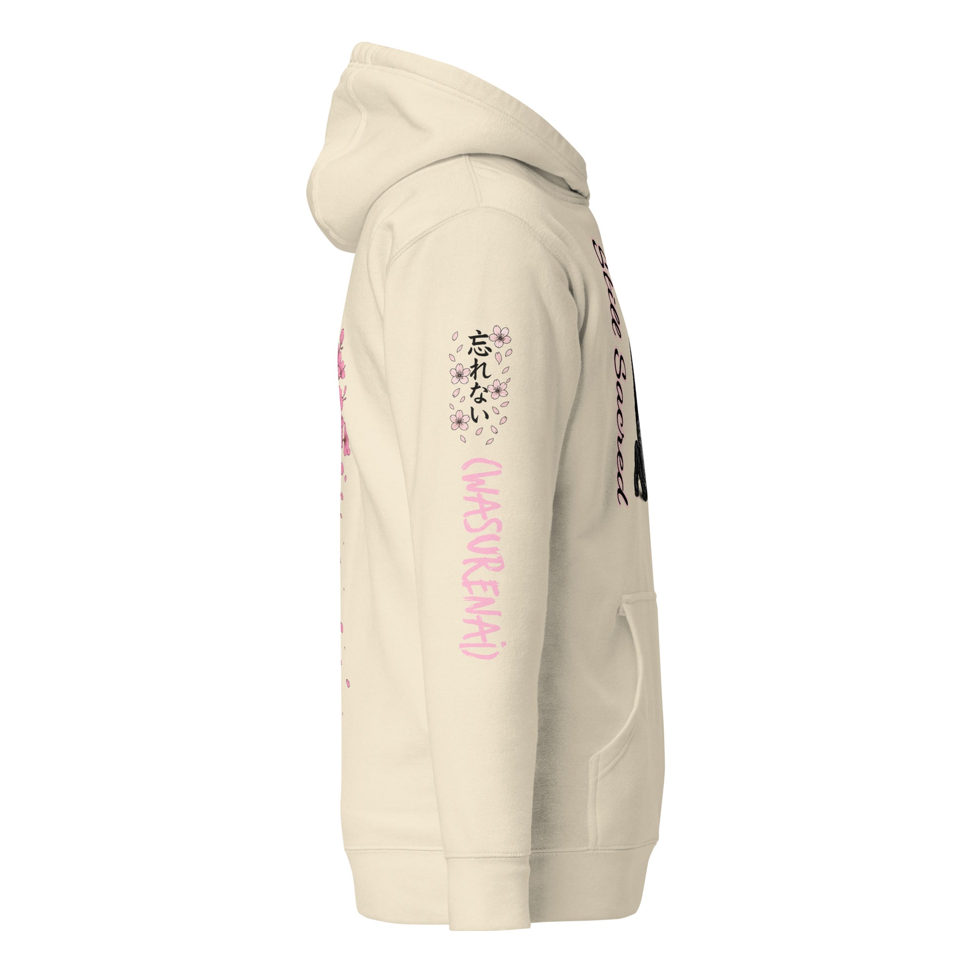Bone-colored hoodie with Skelly kneeling at an Ema board on the front, a sakura tree shedding petals on the back, left sleeve with falling blossoms, and right sleeve featuring the kanji 「忘れない」 with cherry blossoms and “WASURENAI” vertically beneath.
