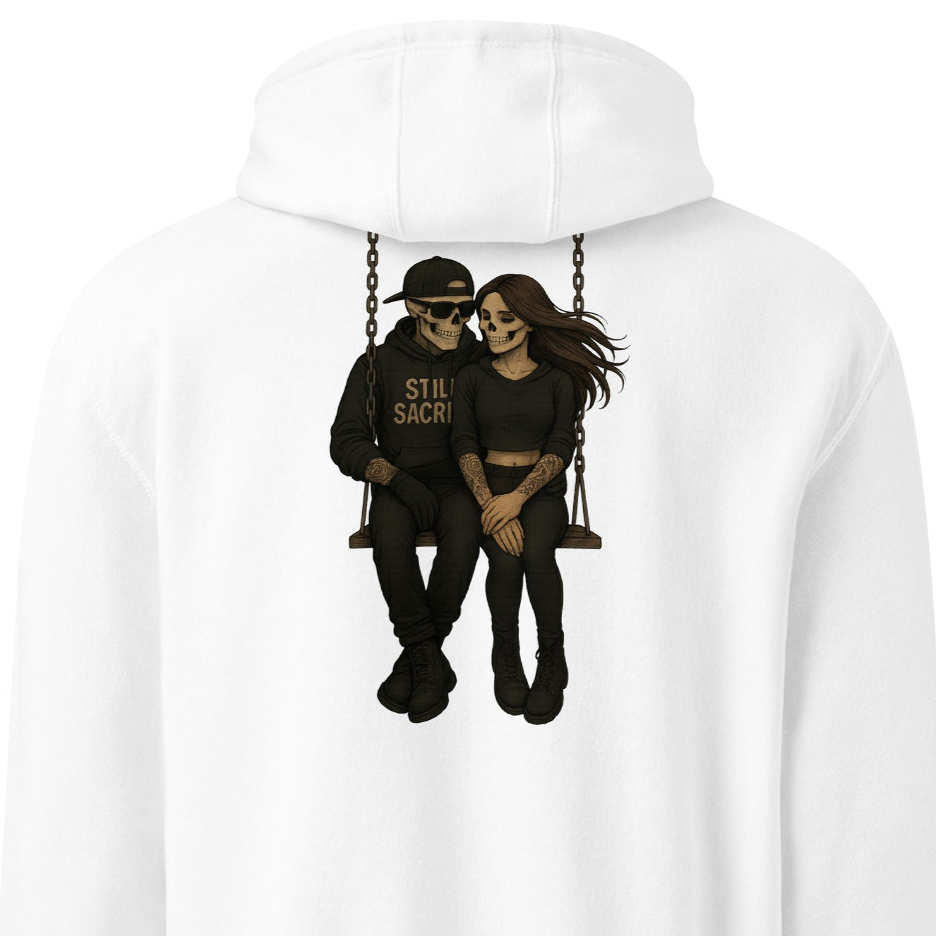 Skelly and Shade skeletons sitting on a swing – back print of white Still Sacred hoodie