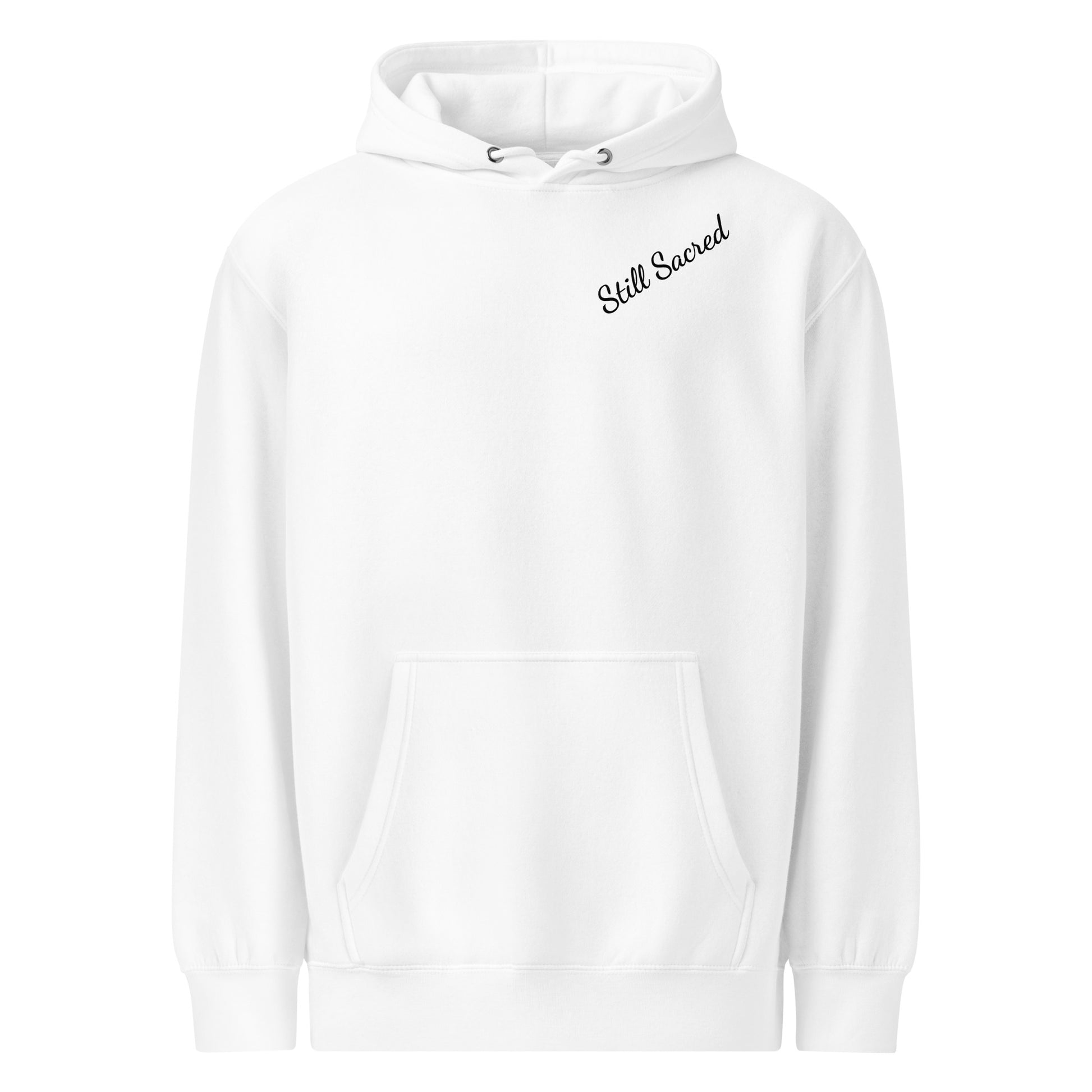 Skelly and Shade swing in silence. A soft hoodie with Dancing Script “Still Sacred” on the front, full art on the back. Quiet love. Sacred motion.