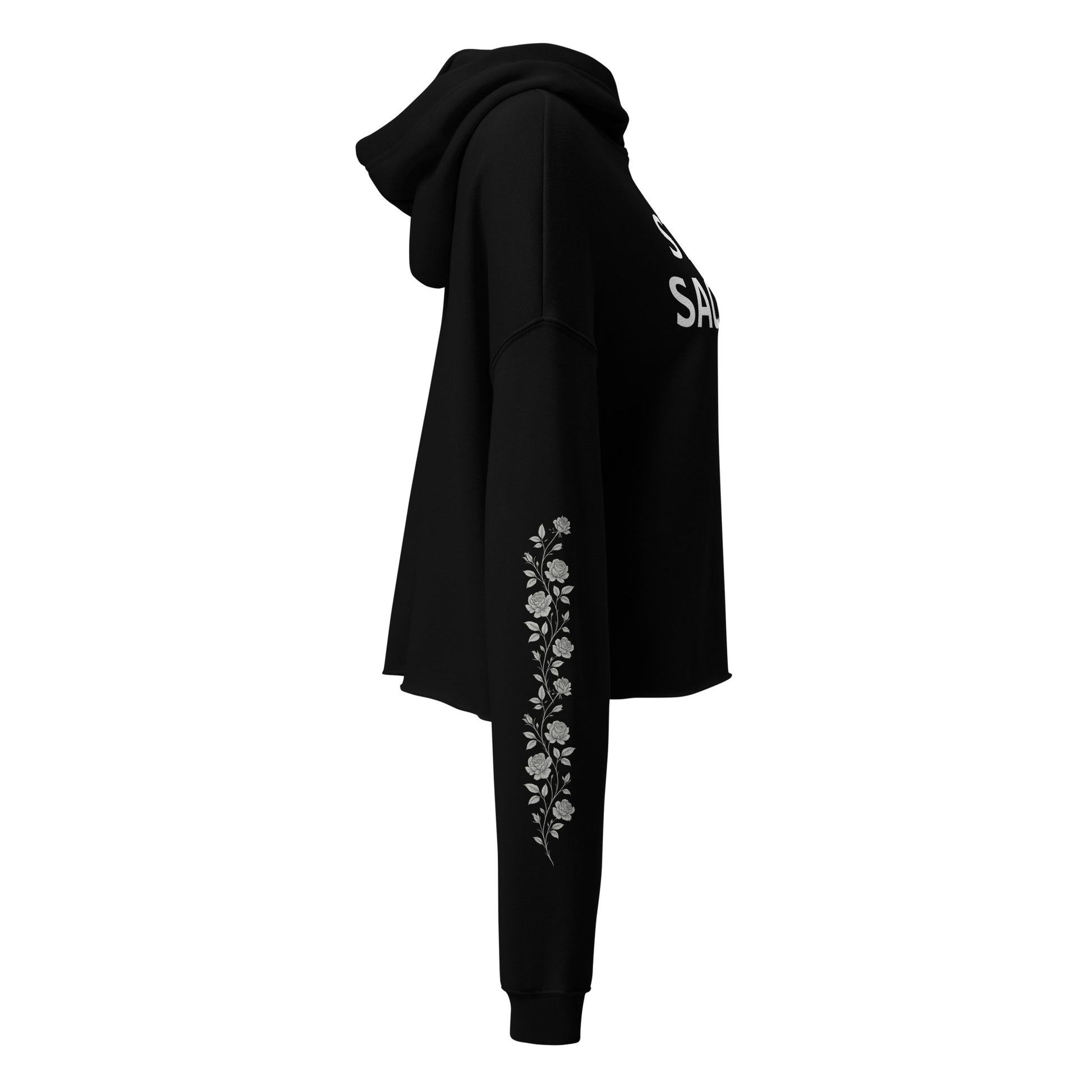 Still Sacred Crop hoodie flowers on left and right arm, right view