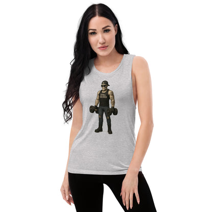 Gray Still Sacred women's muscle tank – Skelly lifting weights, front view streetwear apparel