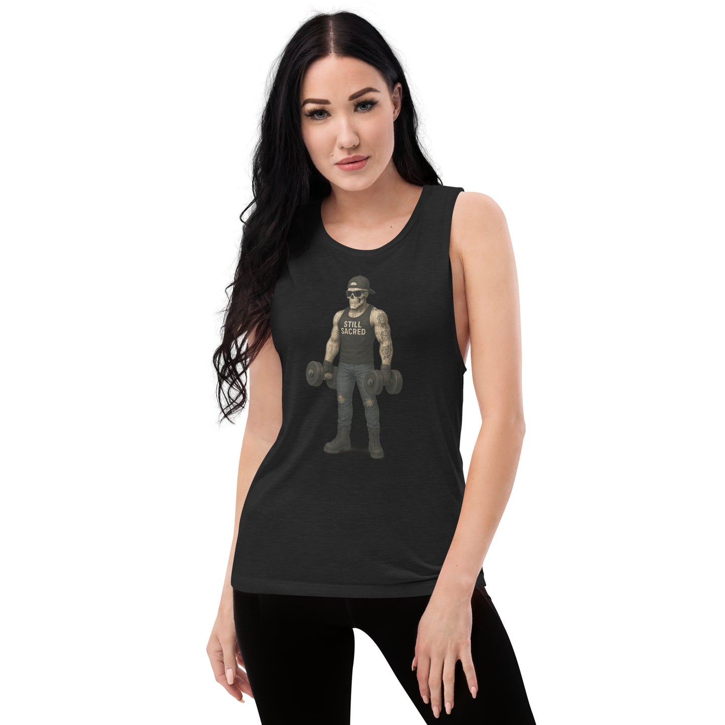 black Still Sacred women's muscle tank – Skelly lifting weights, front view streetwear apparel