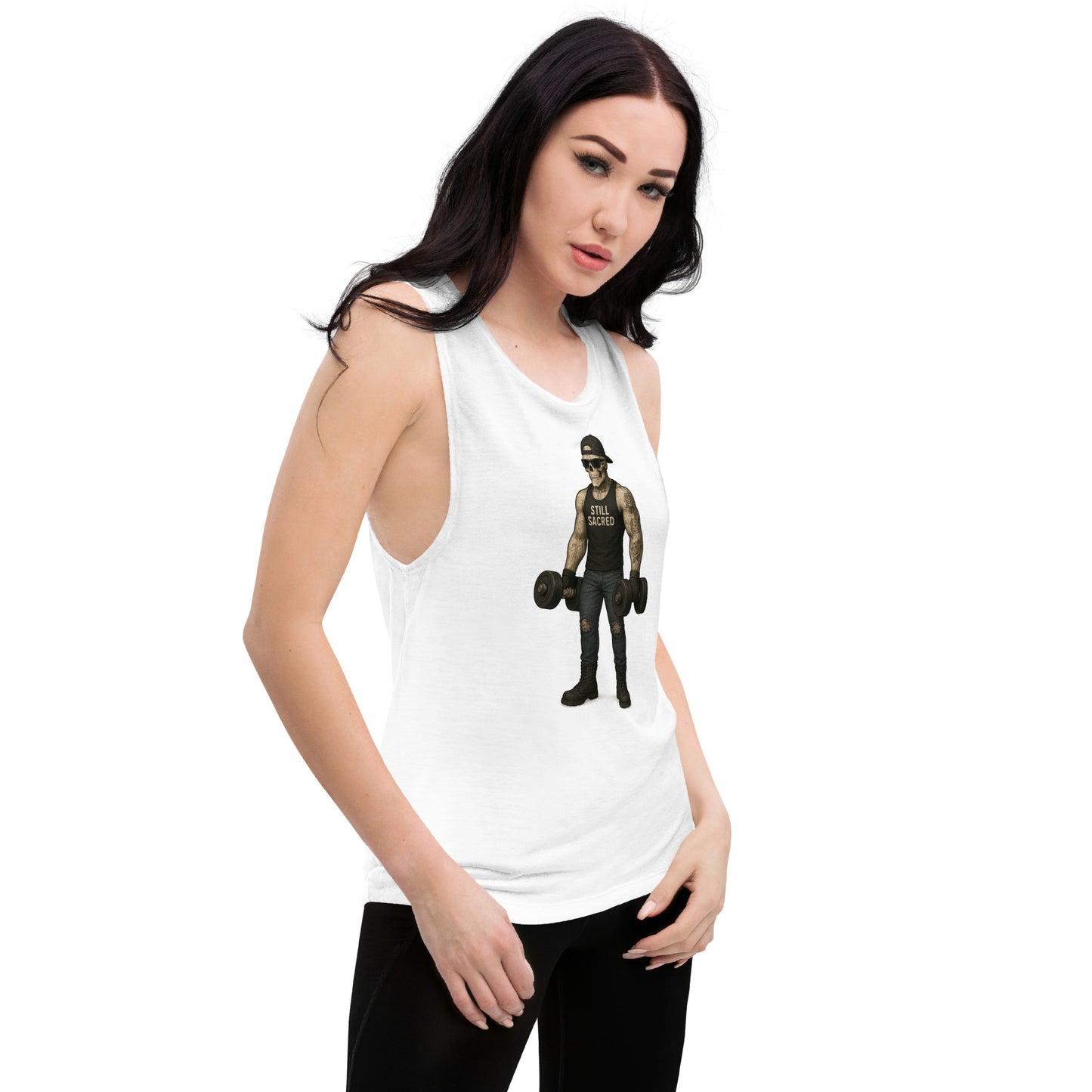 white Still Sacred women's muscle tank – Skelly lifting weights, front right view streetwear apparel